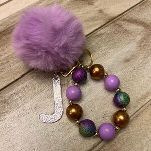 New Purple Wood Beaded Keychain with Pom Pom and letter J